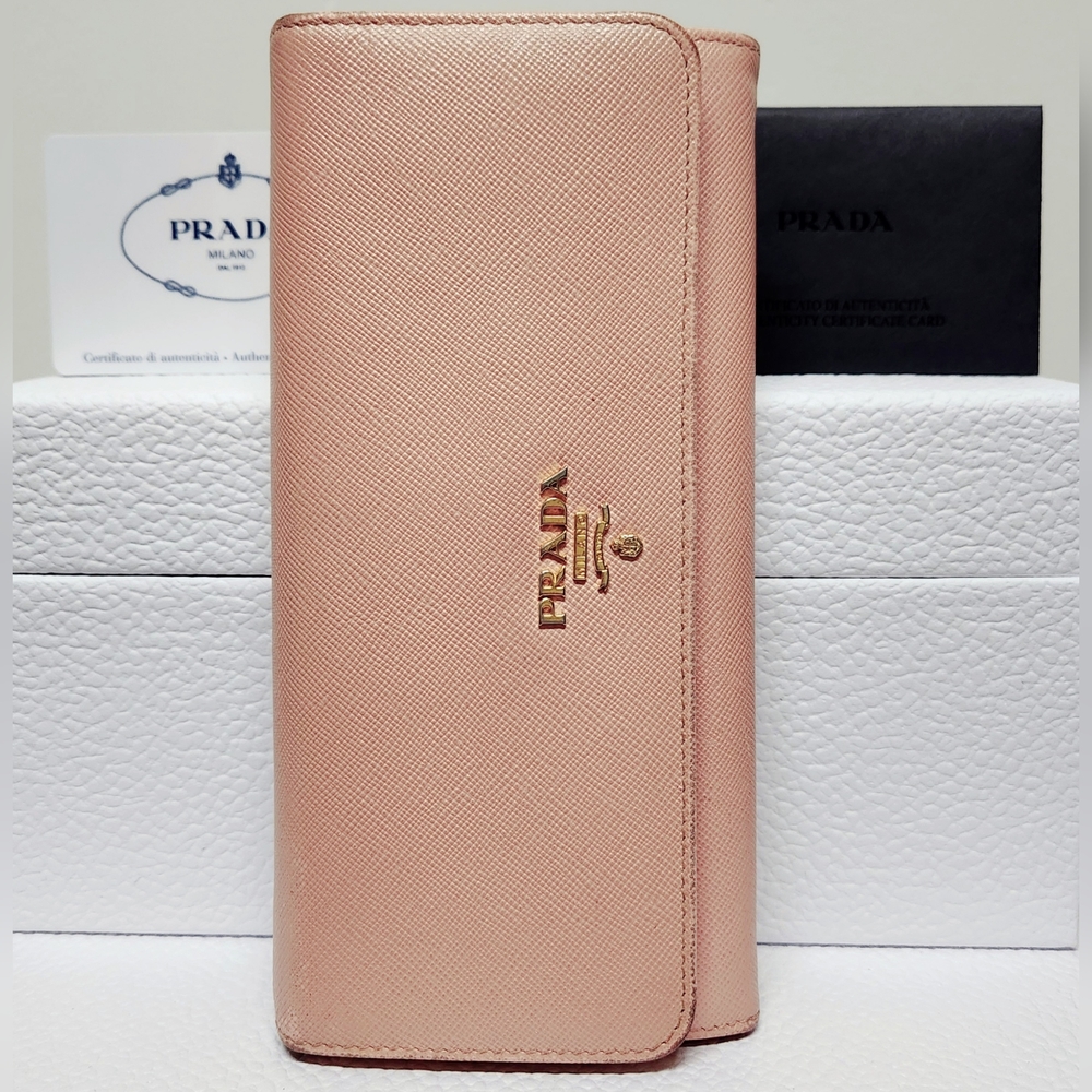 PRADA Orchidea Saffiano Metall Wallet with Detachable ID Holder with Chain & COA